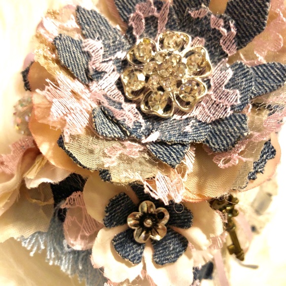 Denim Cuff Floral Pink Sabby Boho Chic Bracelet Handmade - Picture 6 of 8